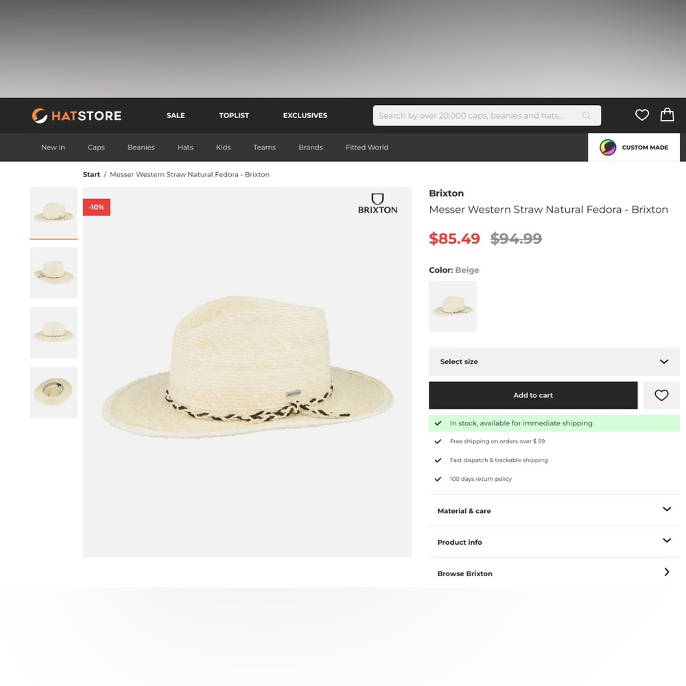 Brixton Unisex Natural Straw Fedora with Black Band